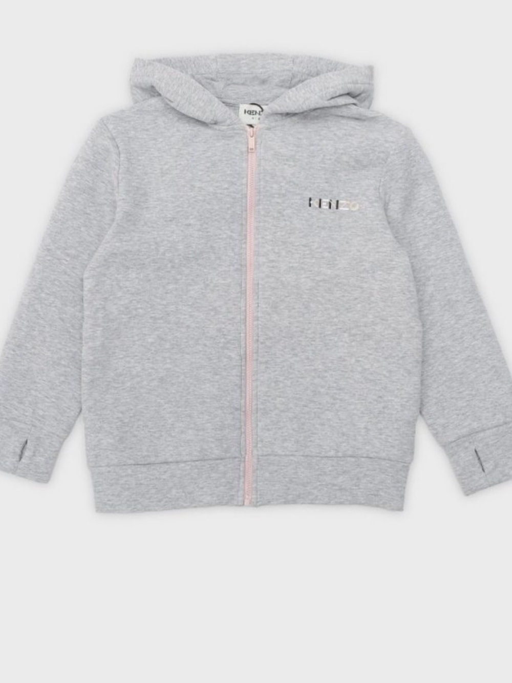Kids Light Gray Zip-Up Hoodie with Pink Trim - Kenzo